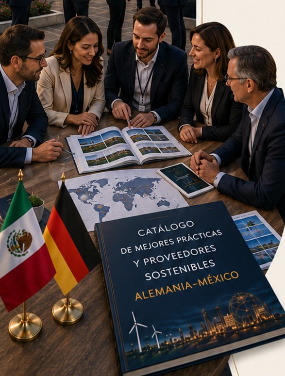 Empresarios revisando el Catálogo de Mejores Prácticas y Proveedores Sostenibles Alemania–México